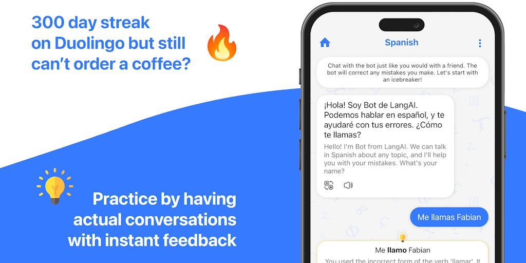 ProductHunt's tweet card. Actually become fluent in a new language by having real-life conversations. Get instant feedback on everything you write with explanations for all your mistakes. Talk about any topic you like and...