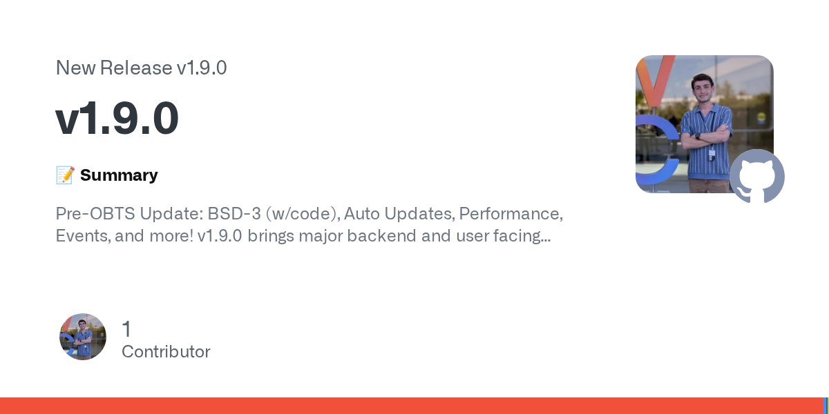 NietzscheLab's tweet card. 📝 Summary Pre-OBTS Update: BSD-3 (w/code), Auto Updates, Performance, Events, and more! v1.9.0 brings major backend and user facing updates to prepare the app for the next release at the Objective...