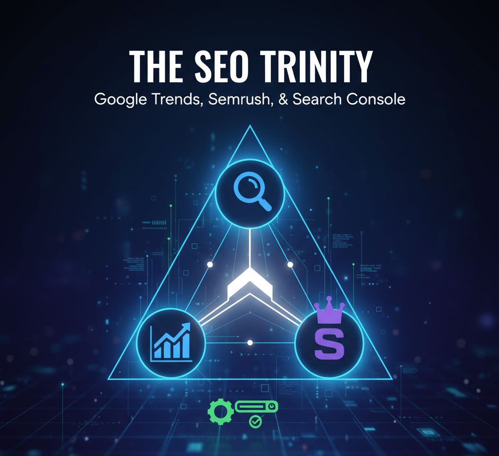 StartupsProInc's tweet card. I call this the Trinity of Traffic. It relies on three specific tools working in concert: Google Trends (Discovery), Semrush (Validation), and Google Search