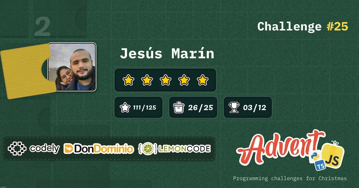 personal_yisus's tweet card. AdventJS | 25: JavaScript/TypeScript/Python: 🪄 Execute the magical language