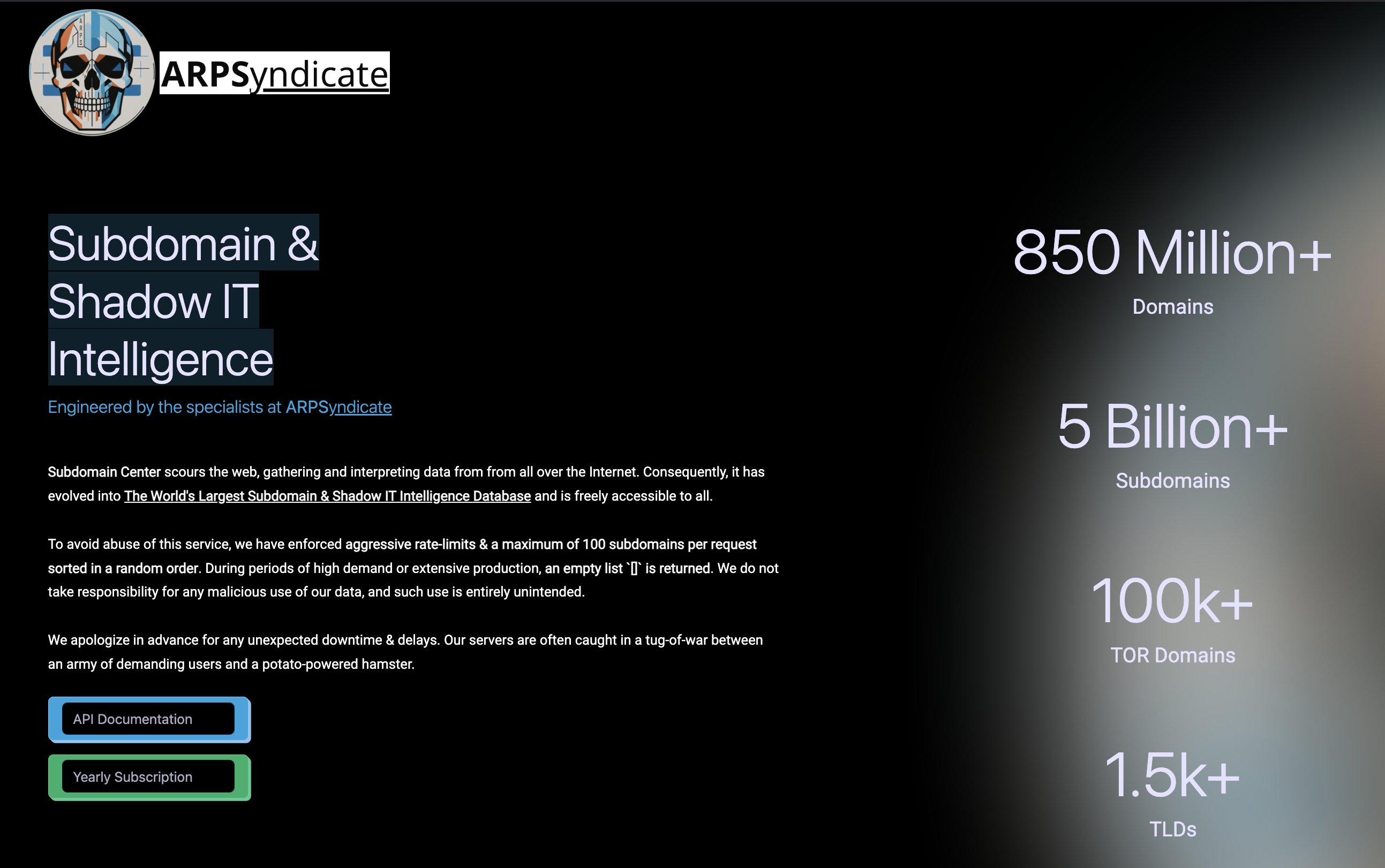 arpsyndicate's tweet card. Subdomain Center scours the web, gathering and interpreting data from from all over the Internet. Consequently, it has evolved into The World's Largest Subdomain & Shadow IT Intelligence Database and...