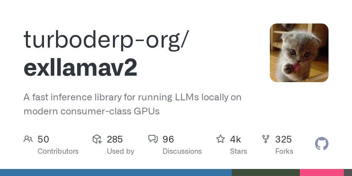xhinker's tweet card. A fast inference library for running LLMs locally on modern consumer-class GPUs - turboderp-org/exllamav2