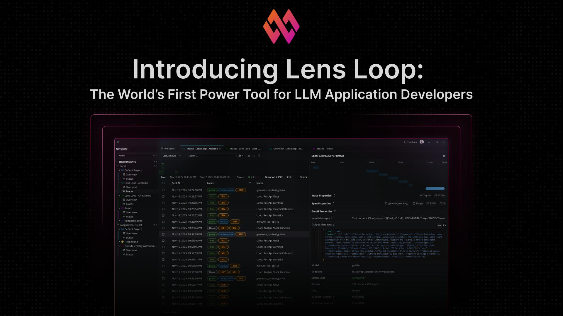 k8slens's tweet card. Introducing Lens Loop — the first IDE for LLM application developers. Capture full LLM traces, debug prompts, analyze cost & latency, and improve AI features with confidence.