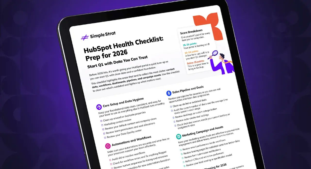 SimpleStratChat's tweet card. Prep your HubSpot portal for Q1 with our free checklist. Review contact data, workflows, dashboards, and pipelines to start 2026 with confidence.