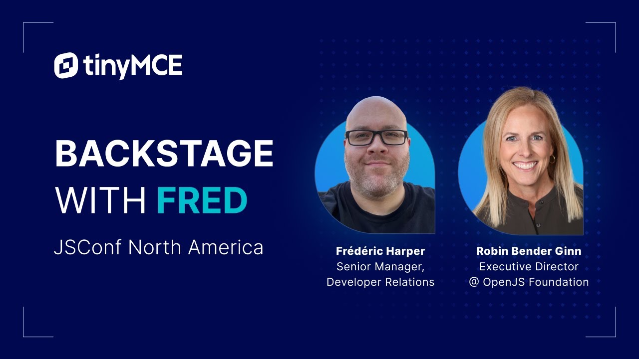 joinTiny's tweet card. Backstage with Fred - JSConf US, Interview with Robin Bender Ginn