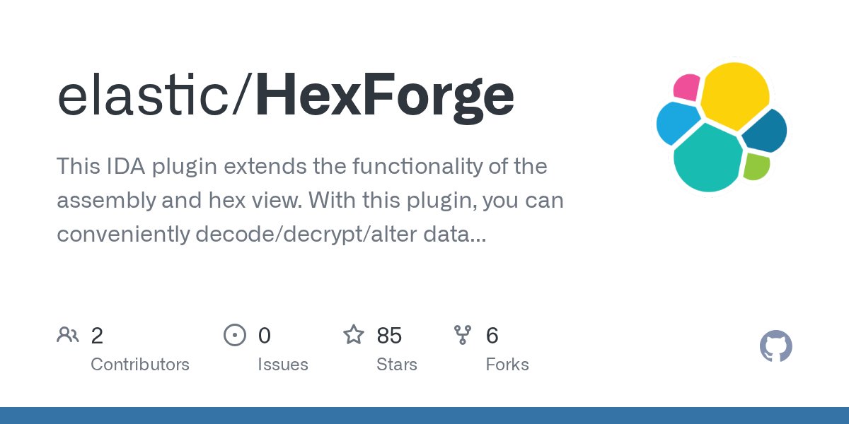 elasticseclabs's tweet card. This IDA plugin extends the functionality of the assembly and hex view. With this plugin, you can conveniently decode/decrypt/alter data directly from the IDA Pro interface. - GitHub - elastic/Hex...