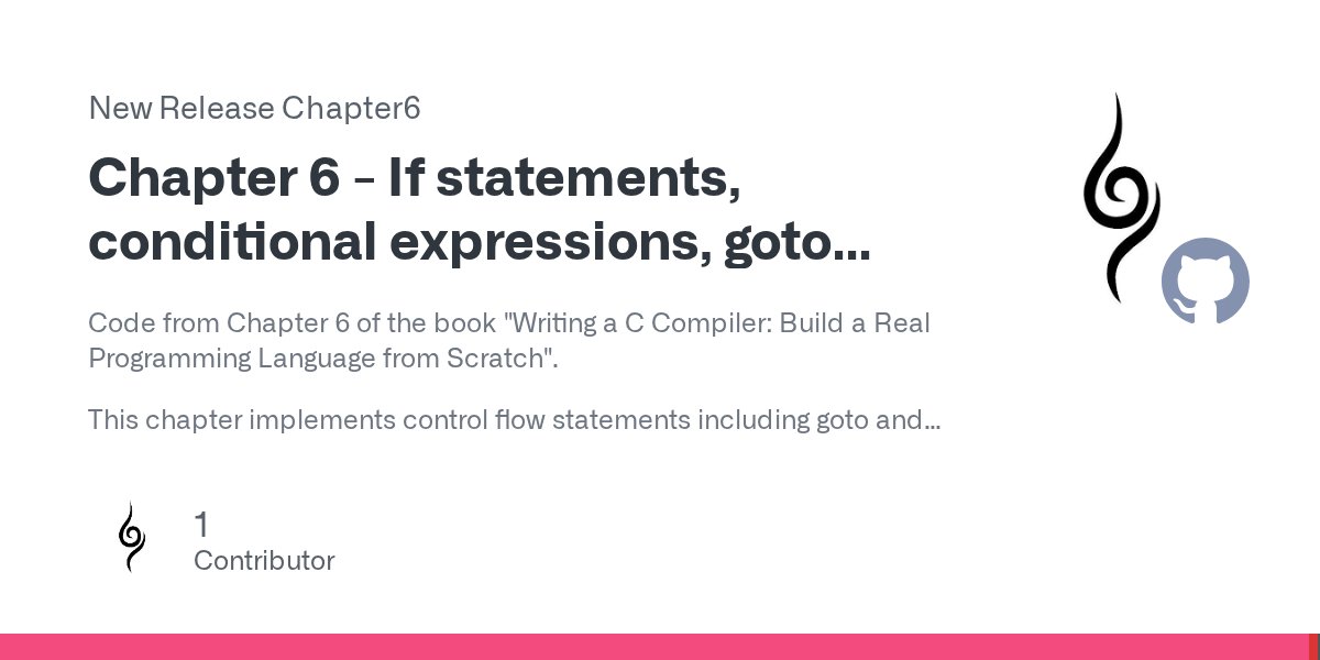 Farenain's tweet card. Code from Chapter 6 of the book "Writing a C Compiler: Build a Real Programming Language from Scratch". This chapter implements control flow statements including goto and labels. The rele...