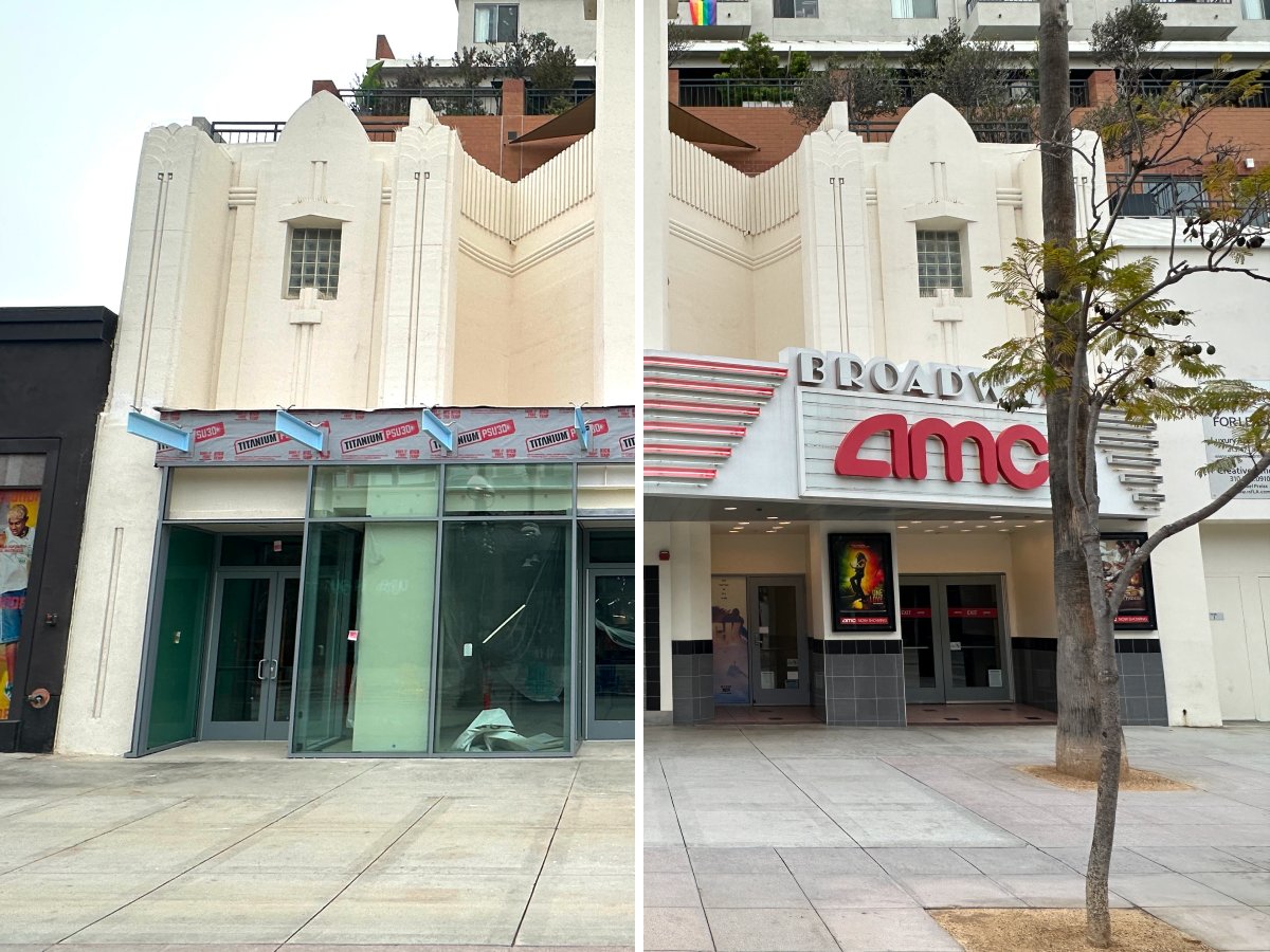 3rdStOccupancy's tweet card. Photo archive documenting the transformation of 1441 3rd St from an open and operating AMC Broadway 4 movie theater (2024) to a future retail or entertainment space with a metal and glass facade at...