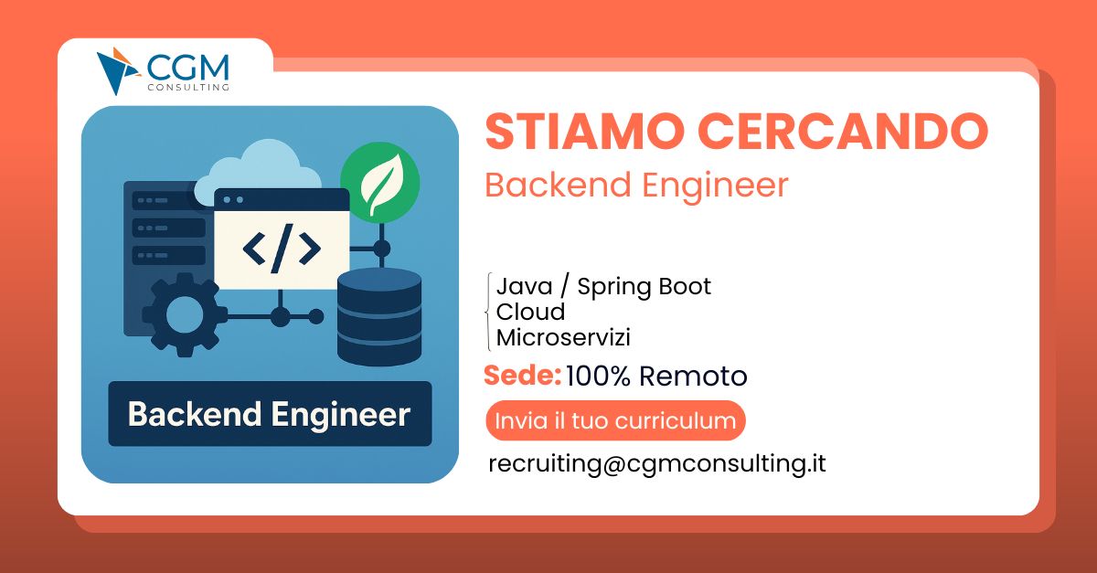 CGMConsulting's tweet card. CGM Consulting cerca un Backend Engineer con Java e Spring Boot per progettare e sviluppare microservizi cloud-ready in contesti enterprise.