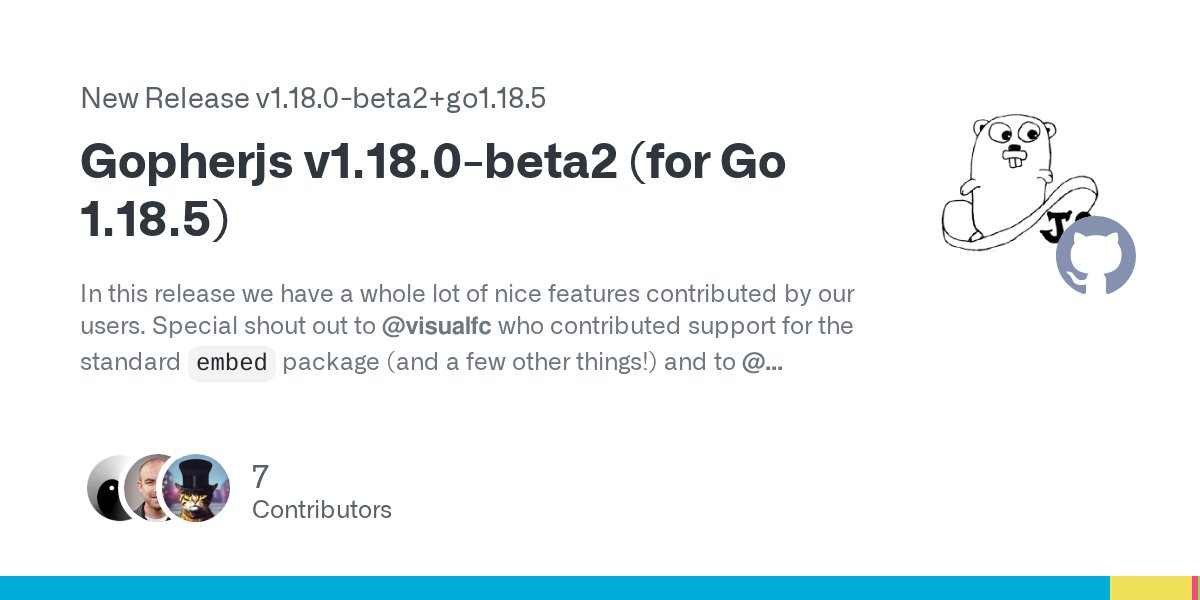 GopherJS's tweet card. In this release we have a whole lot of nice features contributed by our users. Special shout out to @visualfc who contributed support for the standard embed package (and a few other things!) and to...