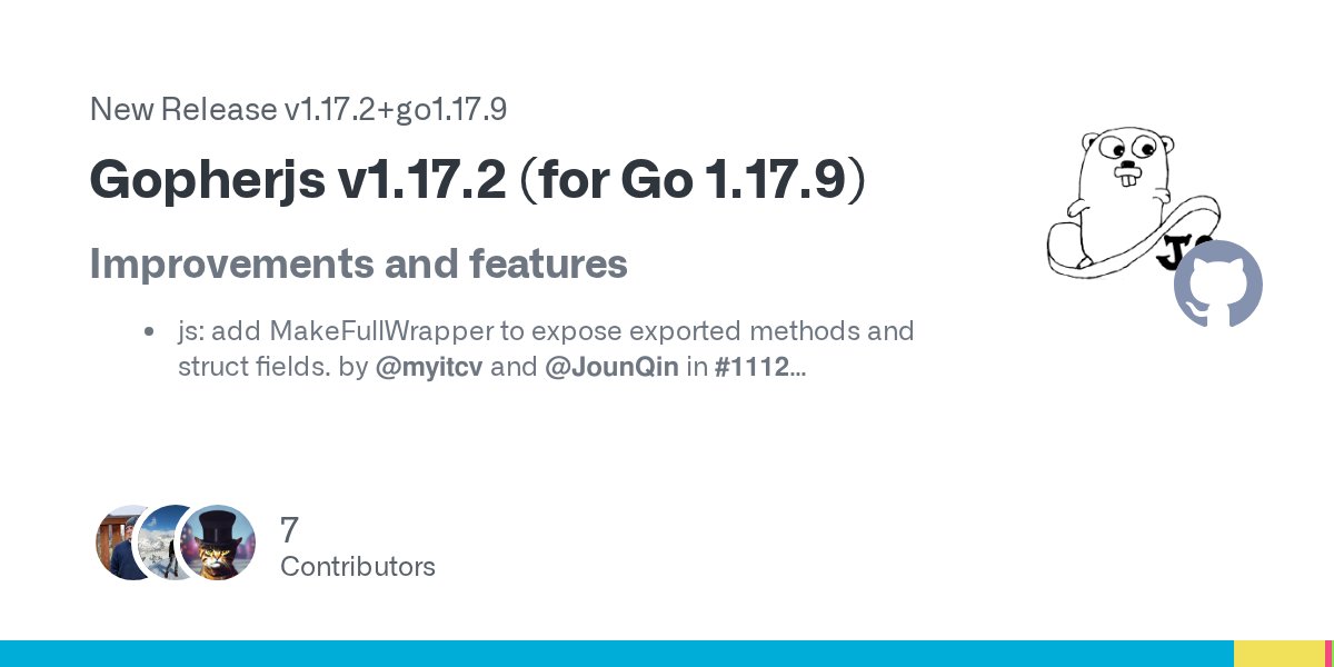 GopherJS's tweet card. Improvements and features js: add MakeFullWrapper to expose exported methods and struct fields. by @myitcv and @JounQin in #1112 Command line options to control build cache by @nevkontakte in #110...