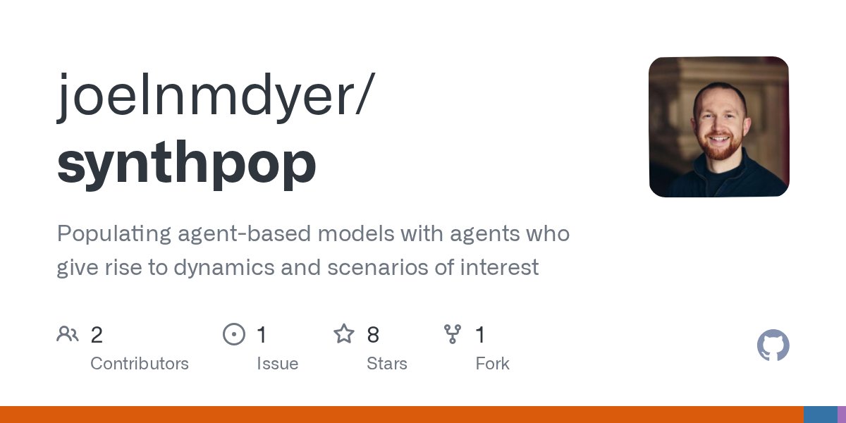JoelNMDyer's tweet card. Populating agent-based models with agents who give rise to dynamics and scenarios of interest - joelnmdyer/synthpop