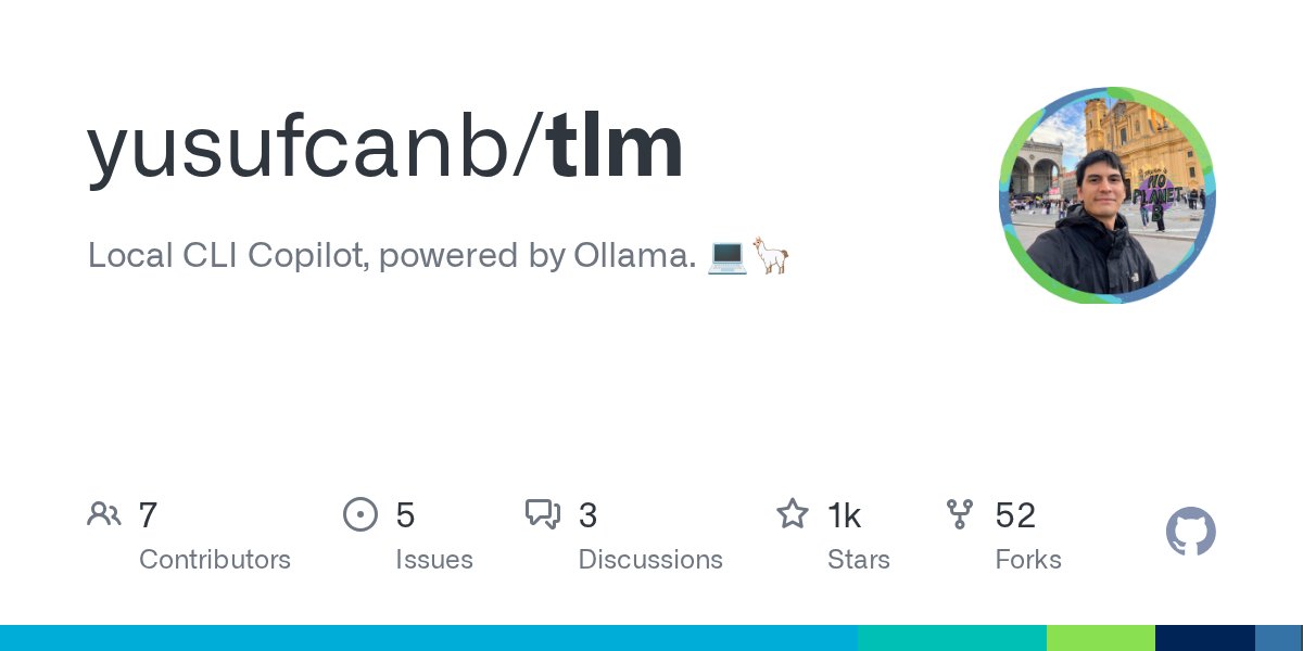 NarekHakobyan's tweet card. Local CLI Copilot, powered by Ollama. 💻🦙. Contribute to yusufcanb/tlm development by creating an account on GitHub.