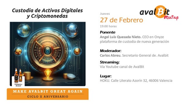 avalBit's tweet card. Te invitamos a un evento único sobre la custodia de activos digitales y criptomonedas con Angel Luis Quesada Nieto, CEO de Onyze. Ven a compartir y aprender sobre las últim