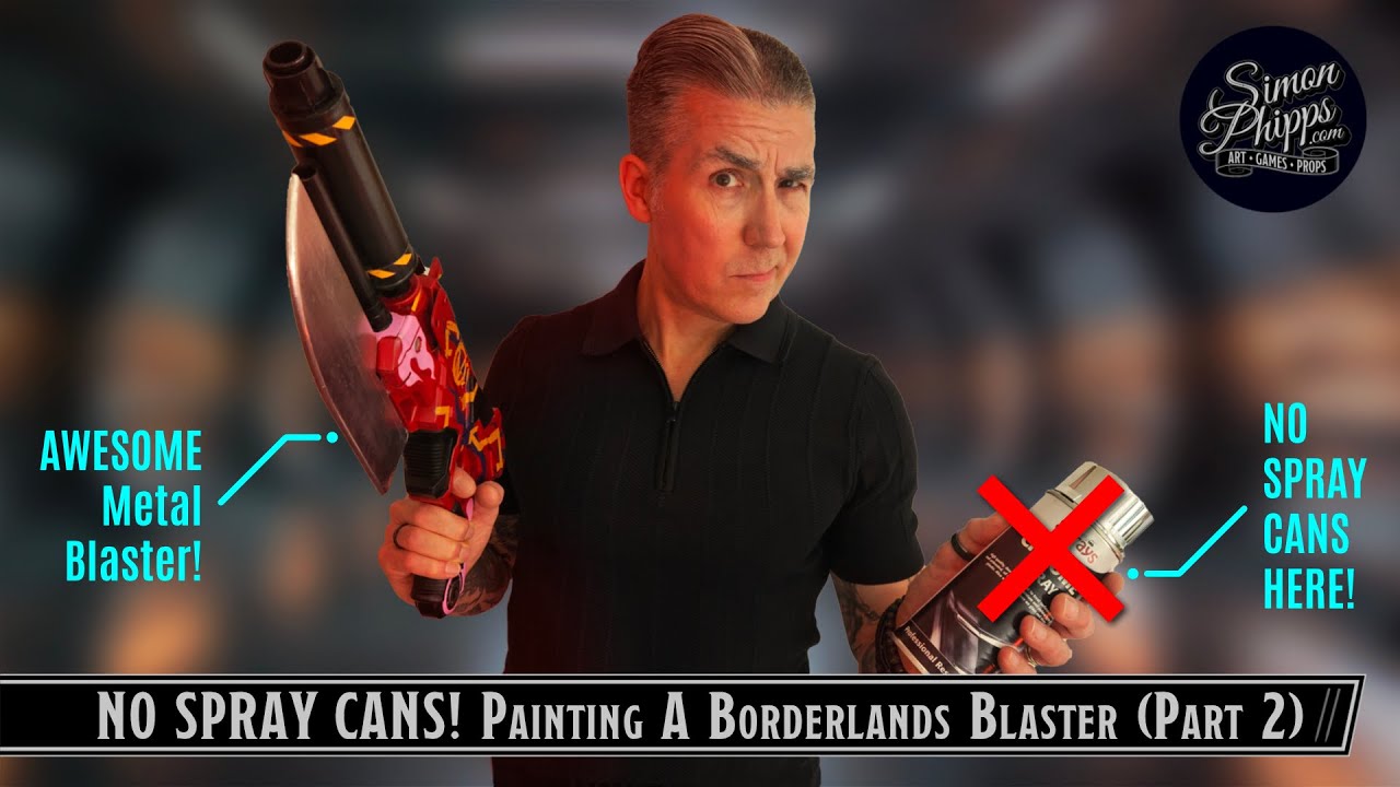 SimonPhippsArt's tweet card. Easy Borderlands NERF Blaster: Painting & Metal Effects! (Part 2)