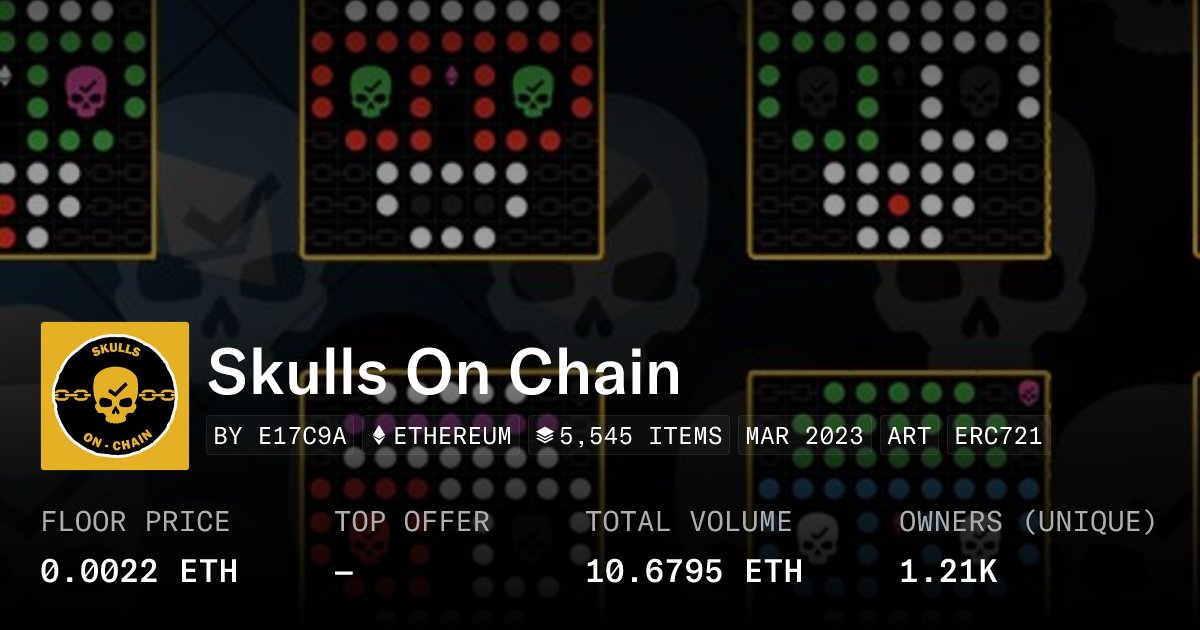 SkullsOnChain's tweet card. 5555 💀's On ⛓ all digitally hand drawn art layers stored on the Ethereum Blockchain.