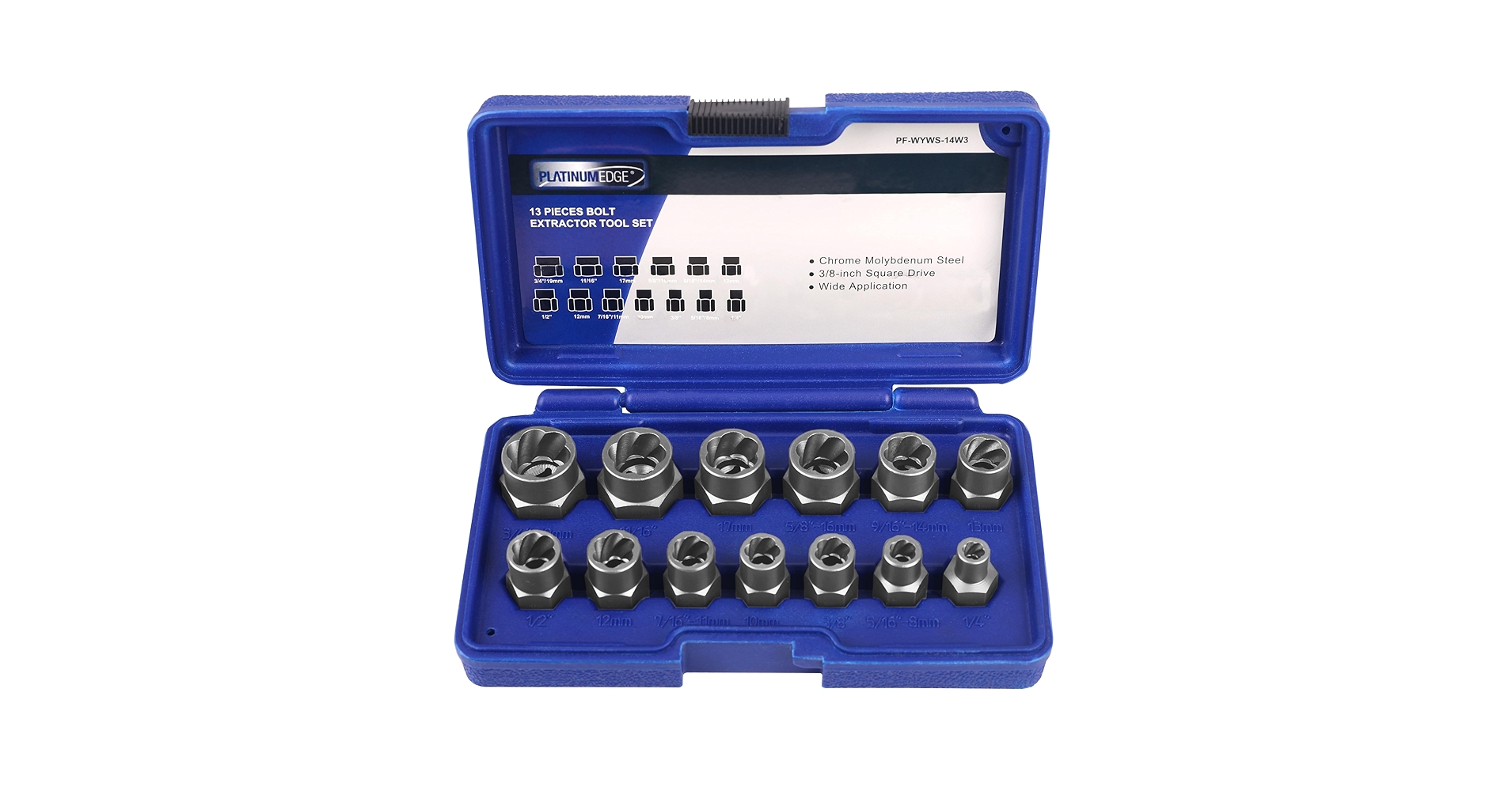 ToolsSumex's tweet card. PLATINUMEDGE 13 Pieces Impact Bolt & Nut Remover Set with Solid Storage Case. 13 pieces 3/8 inch drive bolt & nut remover come with METRIC & SAE SIZES: 3/4"(19mm), 11/16", 17mm, 5/8"(16mm), 9/16"(1...