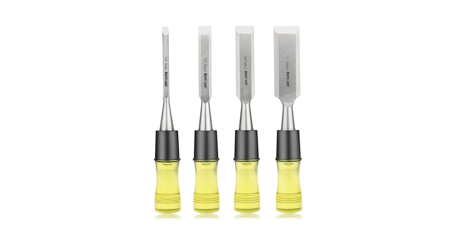 ToolsSumex's tweet card. HURRICANE 4 Pieces Wood Chisel Set Cr-V Construction for Woodworking Carving PVC High Impact Handle. This four sizes (1/4"; 1/2"; 3/4"; and 1") chisel set with blade guards protect edges during...