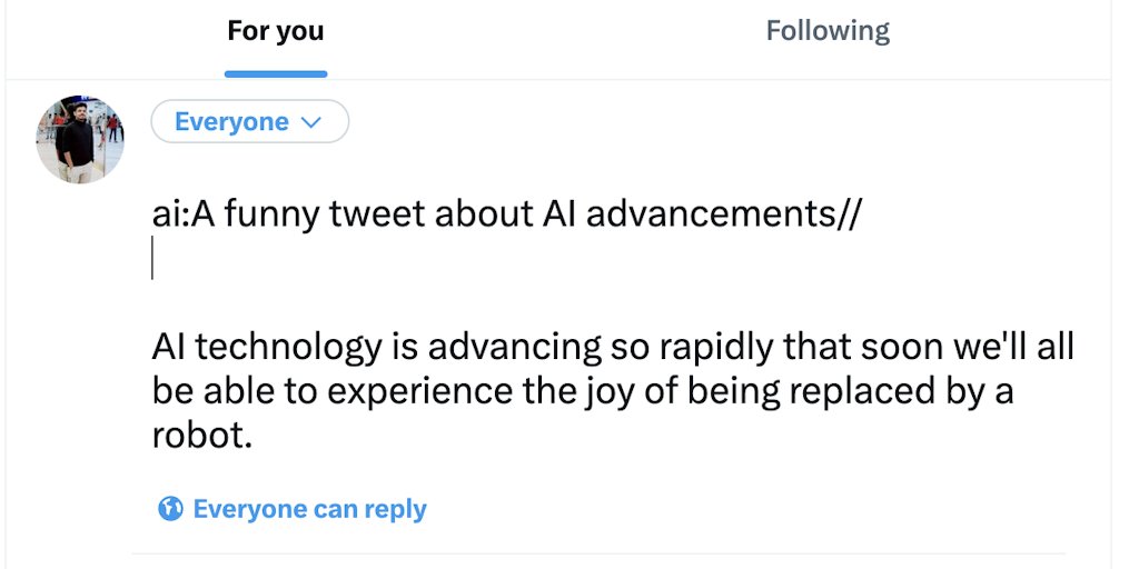 gptforall's tweet card. Here we go 😍 No more switching between ChatGPT and other websites all the time. Just type "ai:" prompt "//" and see the magic in every website.