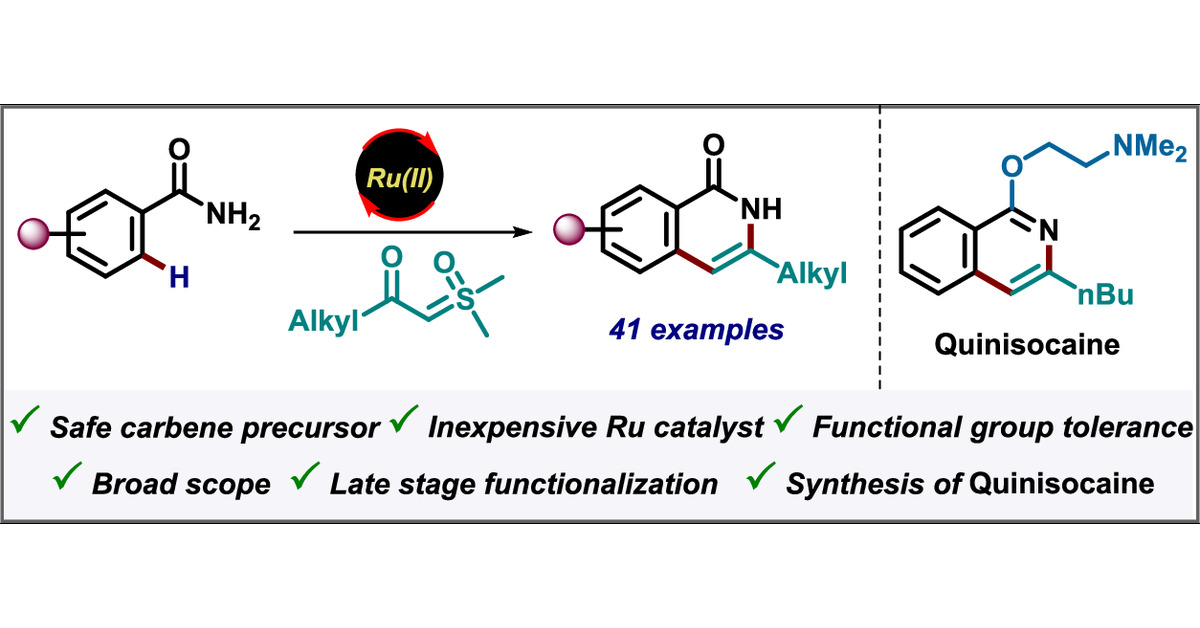 PABLAB_iitmandi's tweet card. Herein, we report the first Ru(II)-catalyzed redox-neutral C–H annulation of primary benzamides with aliphatic sulfoxonium ylides via weak coordination. The reaction demonstrates a broad substrate...