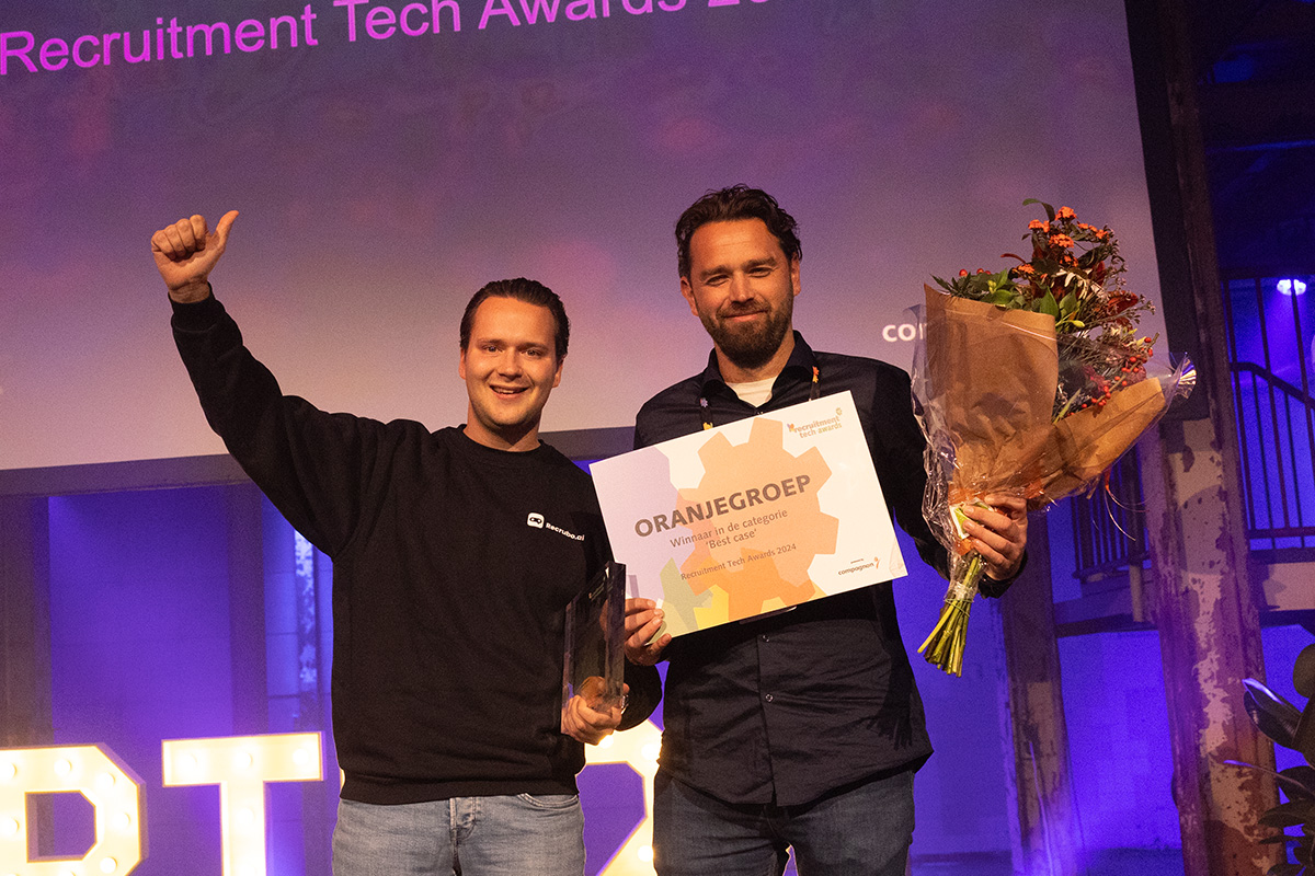 RecrTech's tweet card. Tijdens het Recruitment Tech Event 2024 heeft ORANJEGROEP de Recruitment Tech Award 2024 in de categorie ‘Best case’ gewonnen. Met de technologie van Recrubo heeft