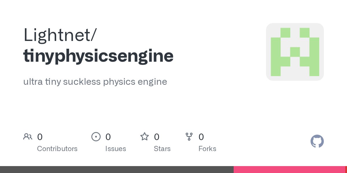nighternet's tweet card. ultra tiny suckless physics engine. Contribute to Lightnet/tinyphysicsengine development by creating an account on GitHub.