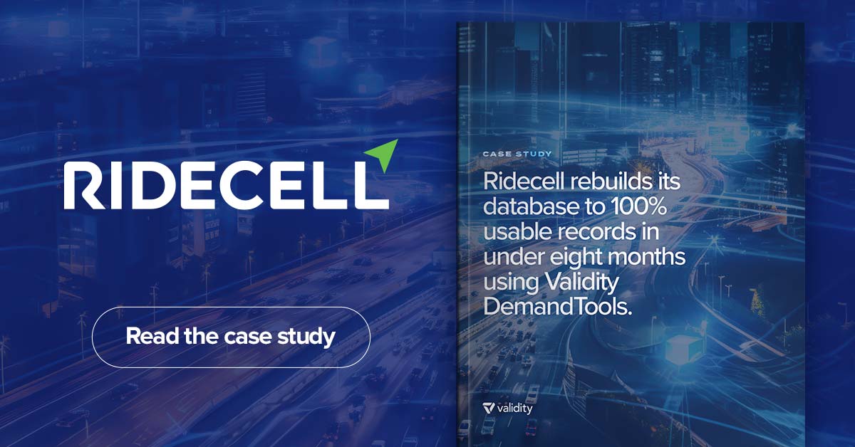 TrustValidity's tweet card. Read how Ridecell Inc. increased their number of usable records and reduced time spent cleaning and managing data with Validity DemandTools.