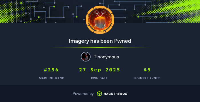 _tinonymous's tweet card. I have just owned machine Imagery from Hack The Box