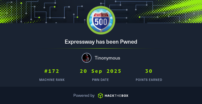 _tinonymous's tweet card. I have just owned machine Expressway from Hack The Box