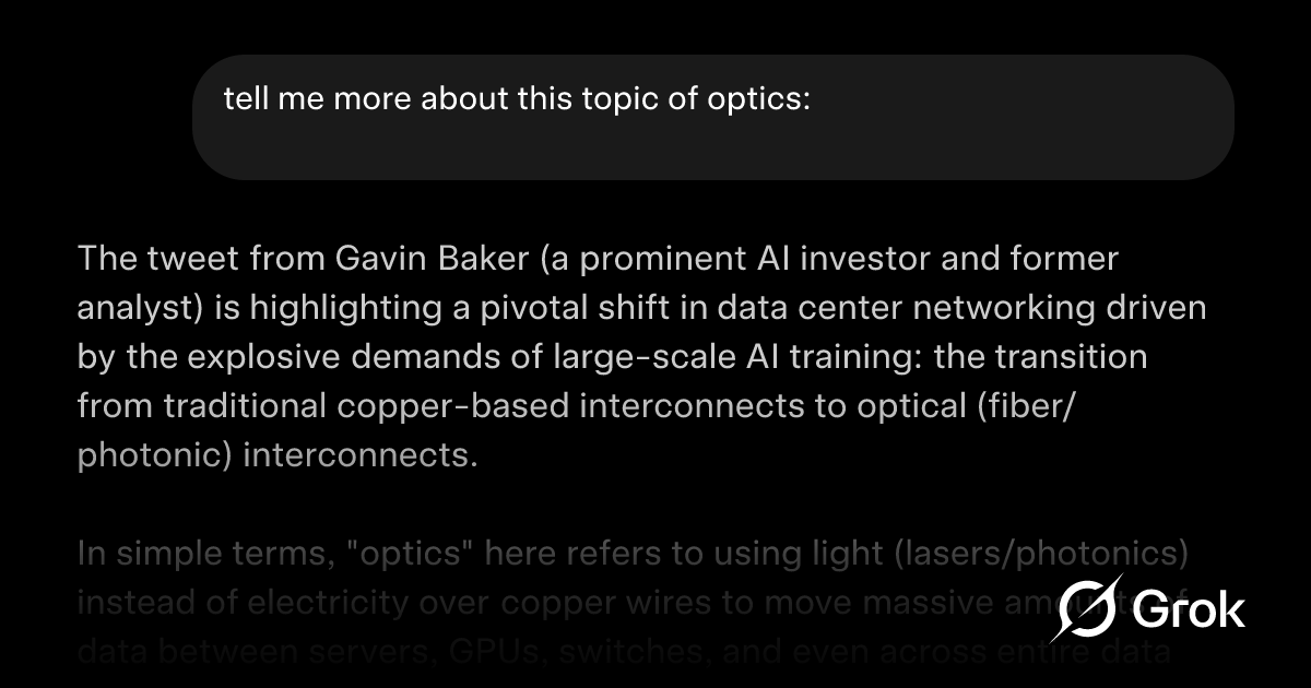abhasvc's tweet card. tell me more about this topic of optics:   https://x.com/GavinSBaker/status/1991248768654803337 Opti