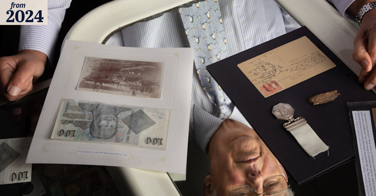 RareBookWeek's tweet card. A piece of a ship is among the Antarctic exploration relics that Tony Shields has collected.