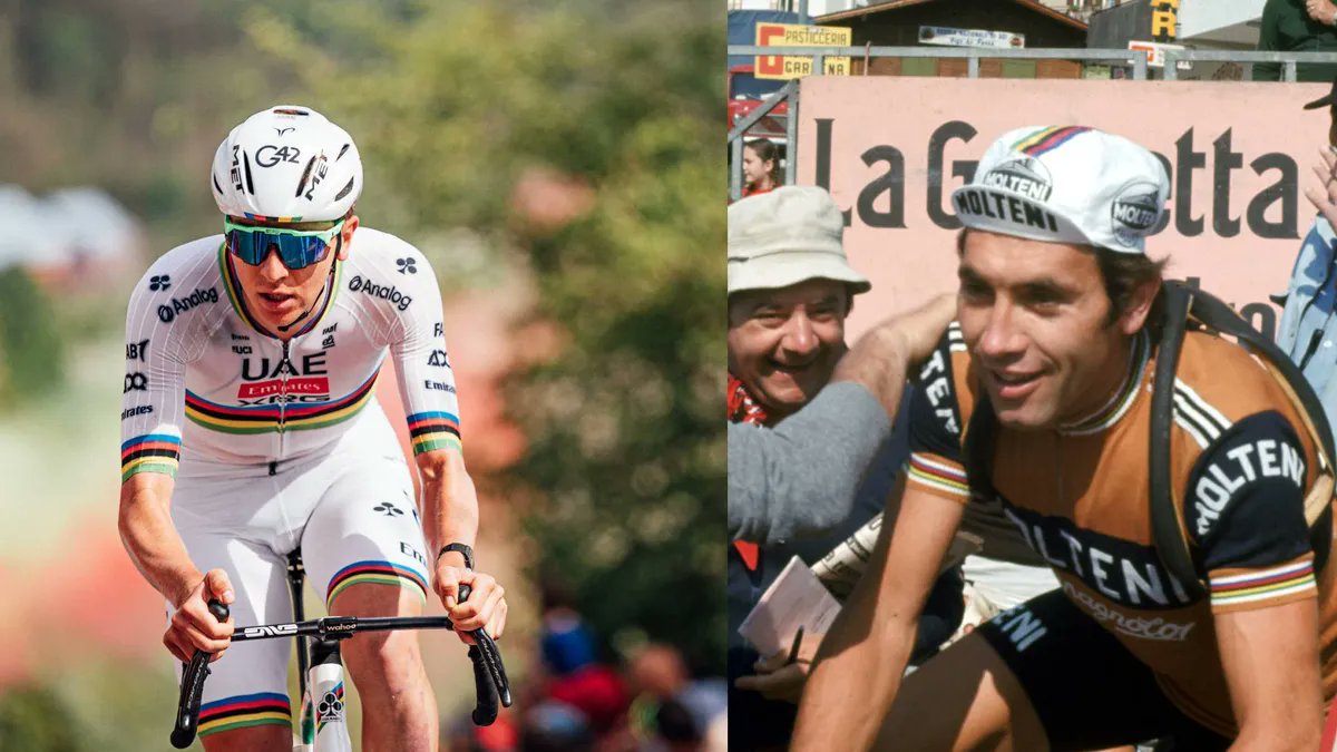 jmatsuda99's tweet card. The comparisons between Eddy Merckx and Tadej Pogacar have been ongoing for a few years, but they have definitely scaled up in 2025 with the addition of more titles to his palmarès and a Paris-Roub...