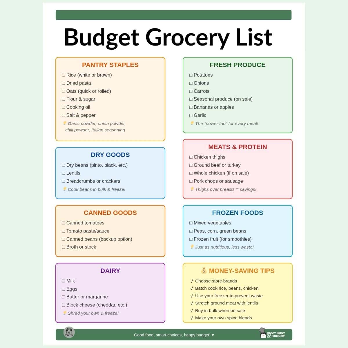 dizzybusyhungry's tweet card. Stop overpaying for groceries! This guide gives busy moms the ultimate budget grocery list and simple kitchen hacks to save on weekly meals without sacrificing nutrition or spending forever cooking.