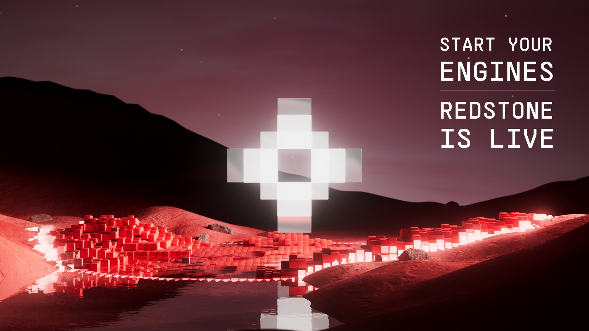 redstonexyz's tweet card. Start your engines, because Redstone Mainnet is officially live! We are now opening up Redstone for the first ever Worlds Expo.