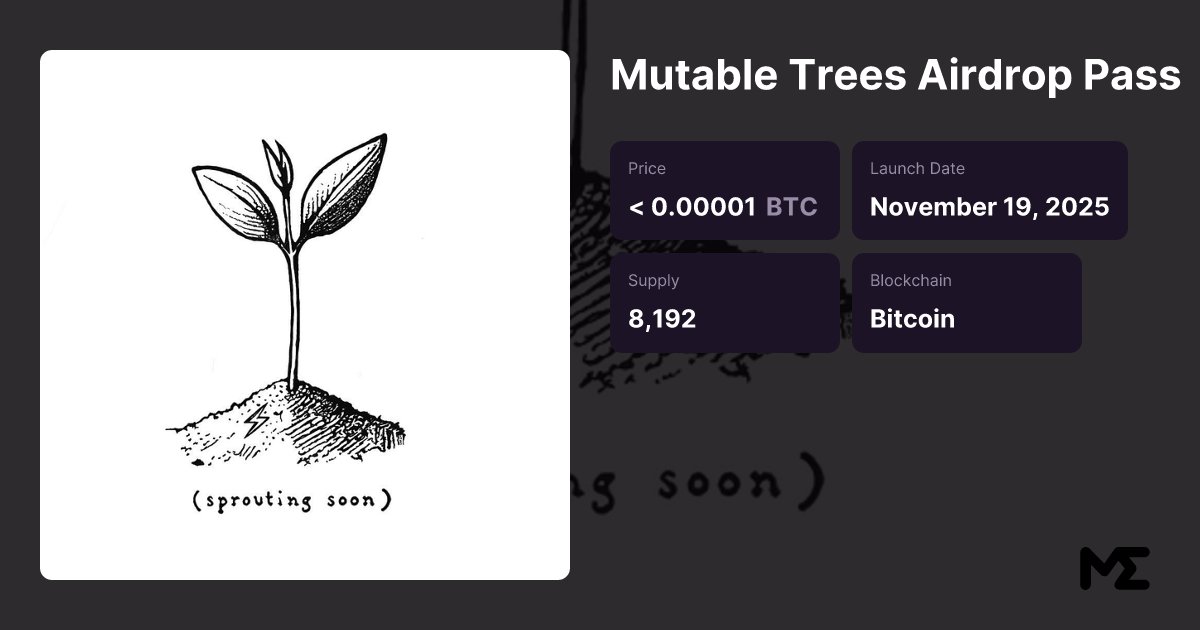 mutabletrees's tweet card. The Mutable Trees Airdrop Pass collection is minted in DECENTRALIZED and entitles holders to one Mutable Tree airdrop.