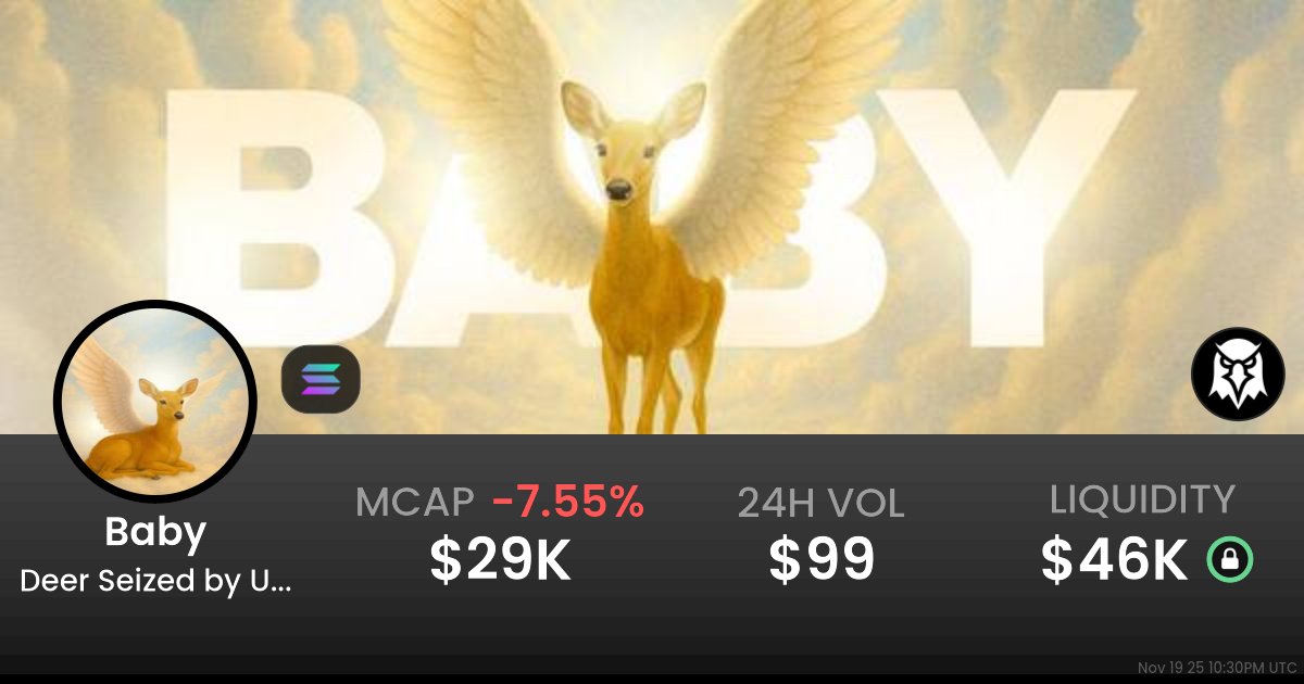 TrenchSniper69's tweet card. $0.00002932 Deer Seized by US Government (Baby) realtime price charts, trading history and info - Baby / SOL on Solana / Raydium