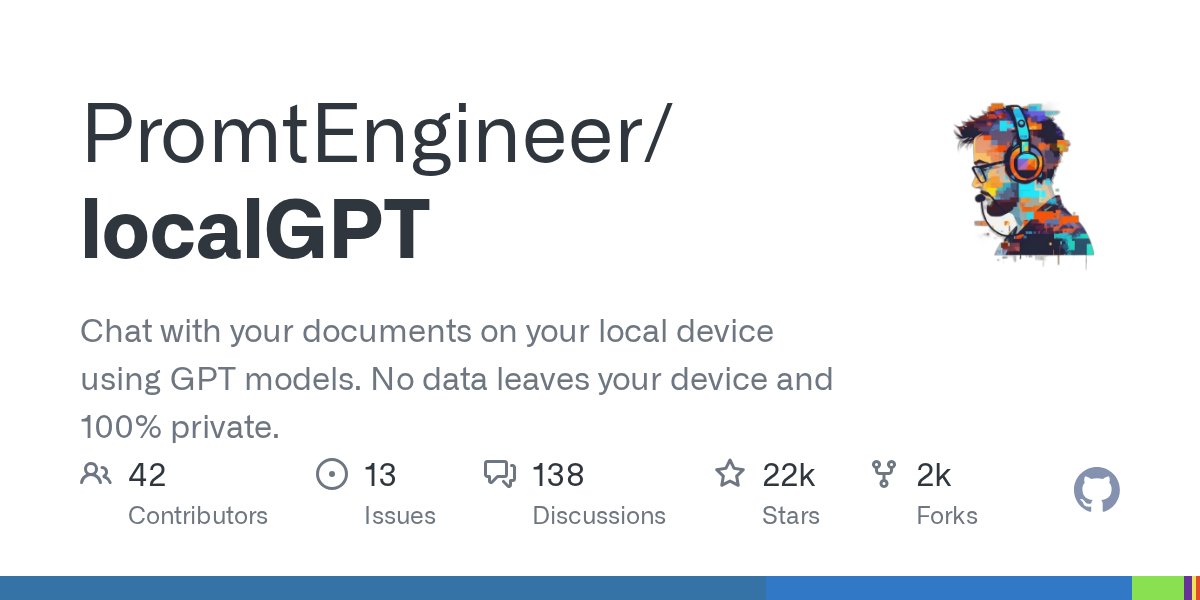 trending_repos's tweet card. Chat with your documents on your local device using GPT models. No data leaves your device and 100% private. - GitHub - PromtEngineer/localGPT: Chat with your documents on your local device using ...