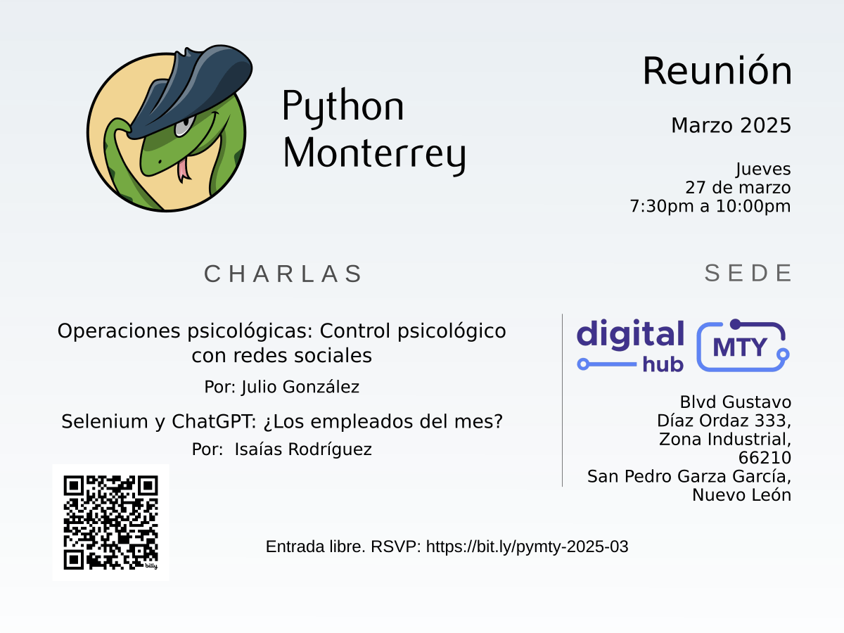 pymty's tweet card. 27 mar 2025, 19:30:00 - GMT-6 - Monterrey Digital Hub, 66210, Monterrey, México - ¡Hola a todos! Se les invita a la siguiente Reunión del grupo de Python Monterrey, Se tendrán DOS charlas con break y...