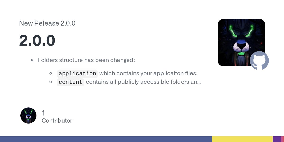 CISkeleton's tweet card. Folders structure has been changed: application which contains your applicaiton files. content contains all publicly accessible folders and files. skeleton contains Skeleton and CodeIgniter files,...