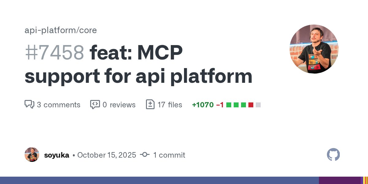 ttskch's tweet card. Q A Branch? main License MIT Bringing MCP capabilities to API Platform ! This is huge as for every supported operation you will be able to activate MCP support by only setting mcp: true on...