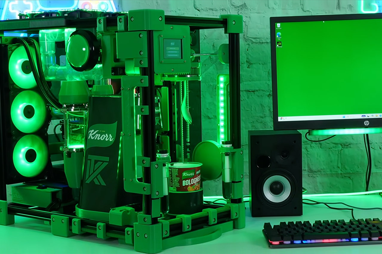 techeblog's tweet card. Engineer James Bruton likes to create everyday machines that would only exist in an alternate reality. His latest creation, the SnackSync PC, takes a standard gaming computer and turns it into a...