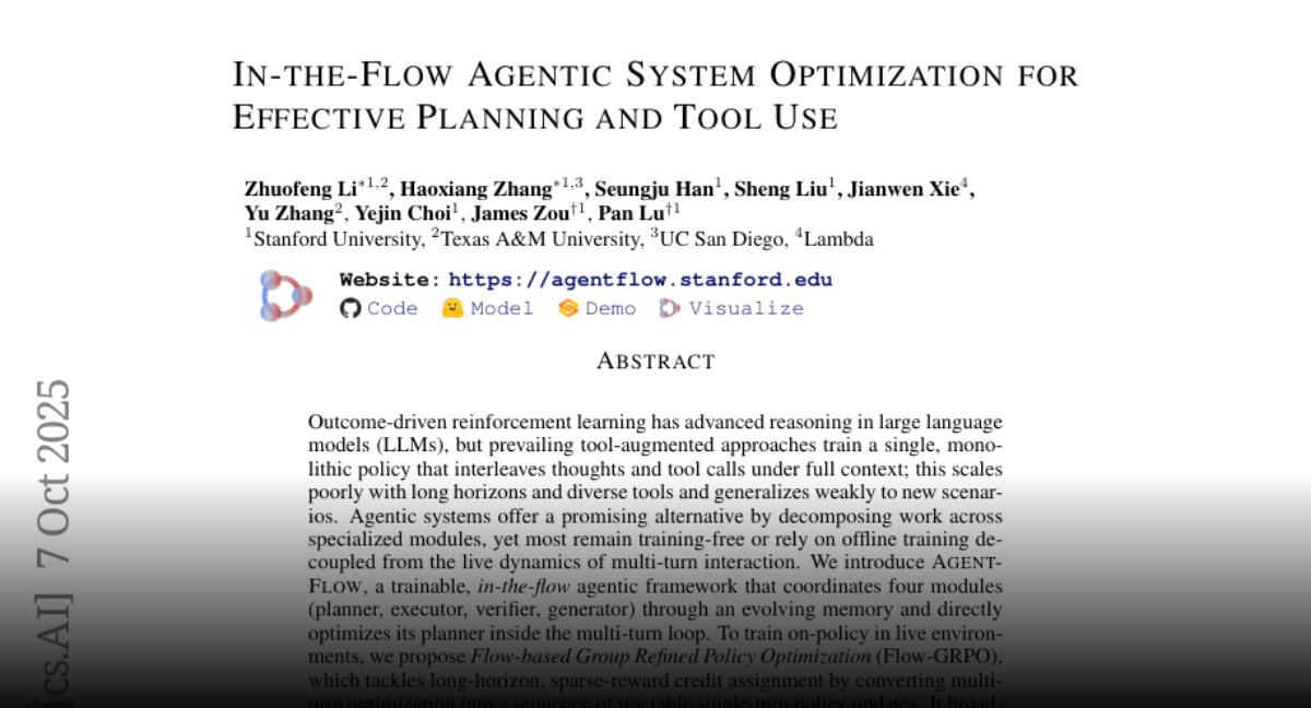 _akhaliq's tweet card. Paper page - In-the-Flow Agentic System Optimization for Effective Planning and Tool Use