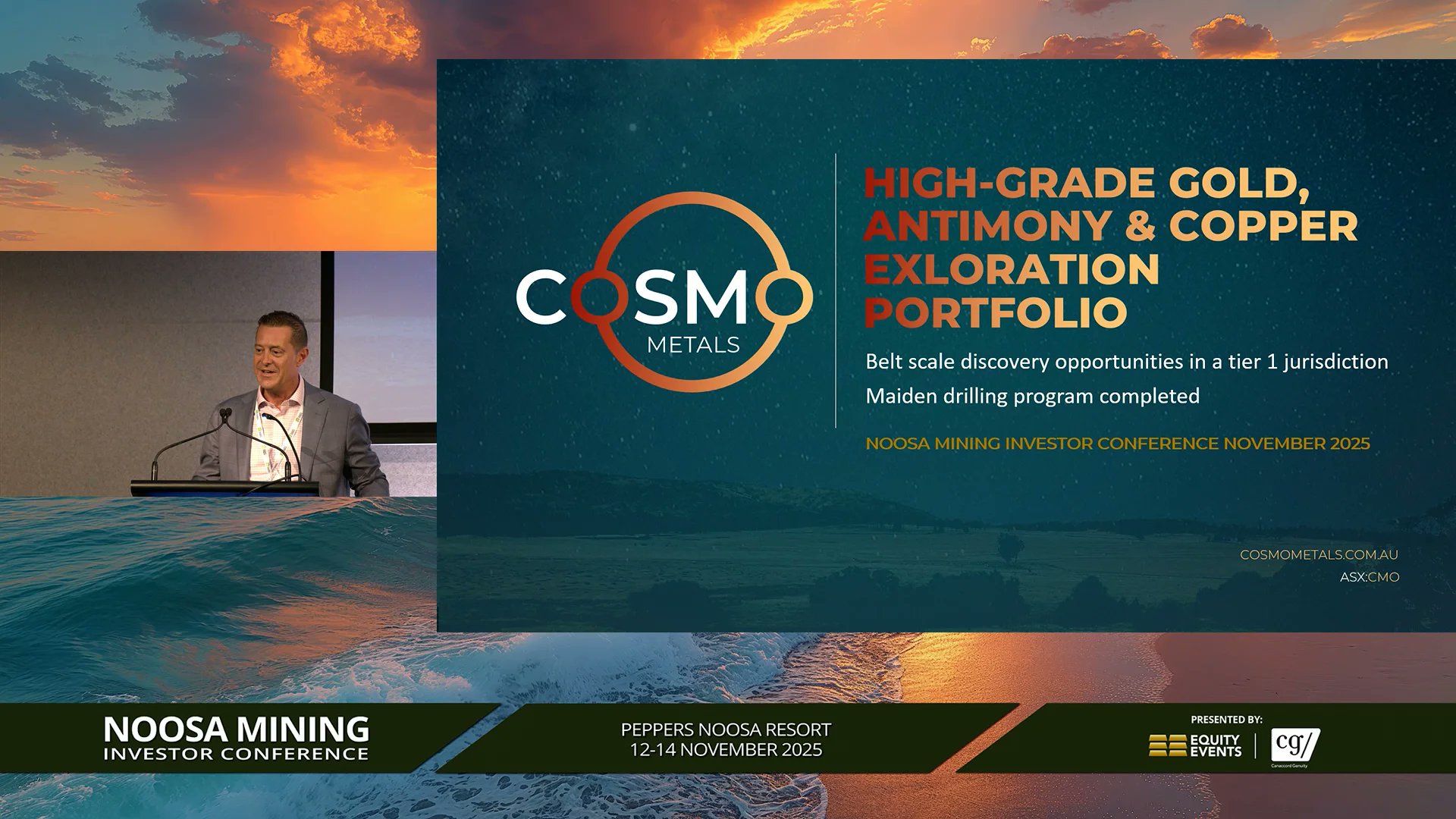 CosmoMetals's tweet card. Cosmo Metals - Noosa Mining Conference - 12 November 2025 - 12:40pm