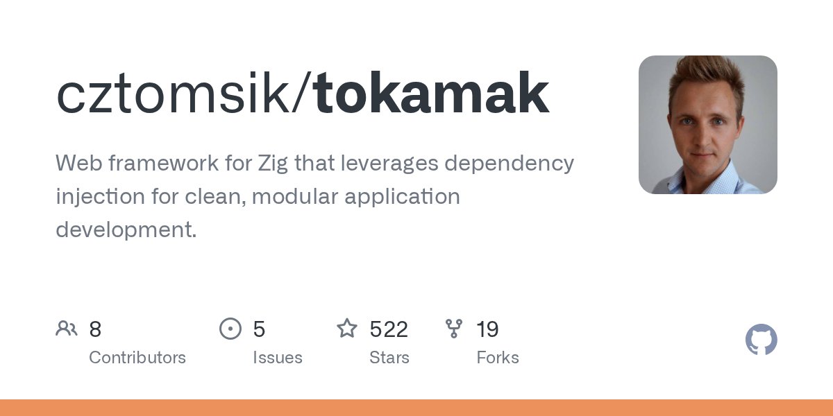 grandiopanda's tweet card. Web framework for Zig that leverages dependency injection for clean, modular application development. - cztomsik/tokamak