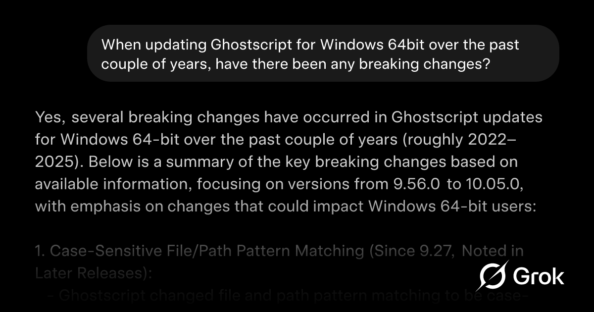 gamesover's tweet card. When updating Ghostscript for Windows 64bit over the past couple of years, have there been any break