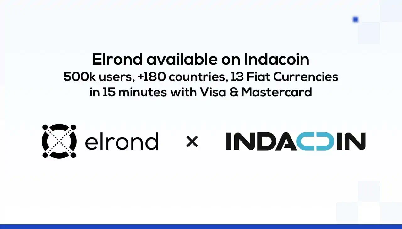 BTCtalk1's tweet card. Elrond available on Indacoin, for 500k users, +180 countries, 13 fiat currencies, purchases with Visa & Mastercard, delivery times of 15 minutes.