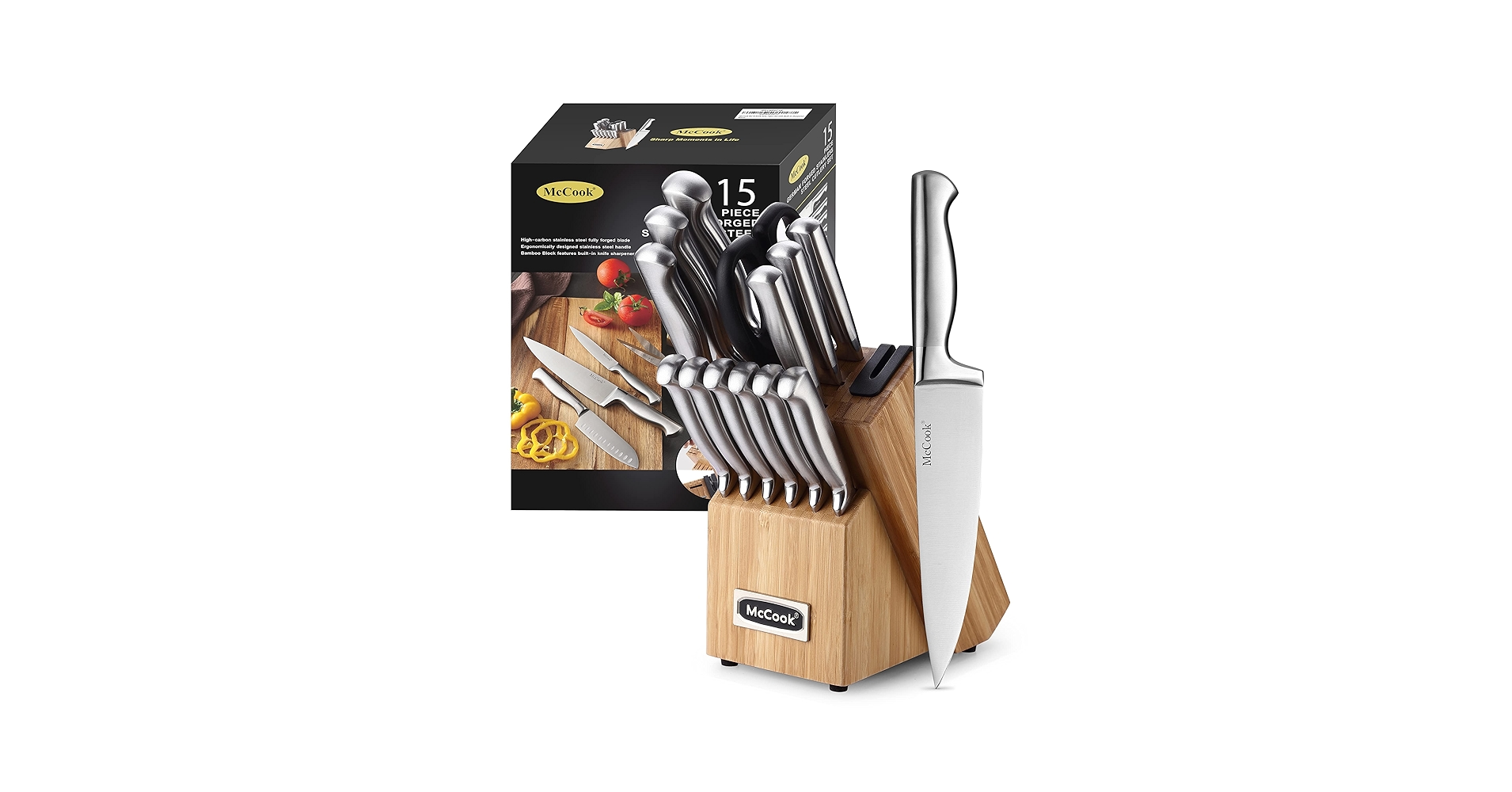 TheWeeklyShop1's tweet card. This 15 pieces knife set includes: 1pc-8"chef knife, 1pc-8"slicing knife, 1pc-5"santoku knife, 1pc-5.5"serrated utility knife, 1pc-5"utility knife, 1pc-3.5" paring knife, 6pcs 4.5" steak knife, 2...