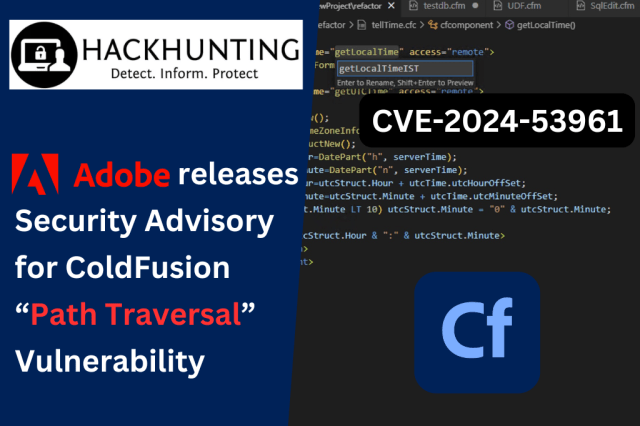 hackhunting's tweet card. Adobe issued a security advisory for ColdFusion products, addressing a Path Traversal vulnerability (CVE-2024-53961, severity 7.4) affecting ColdFusion 2023 and 2021. This flaw allows unauthorized …