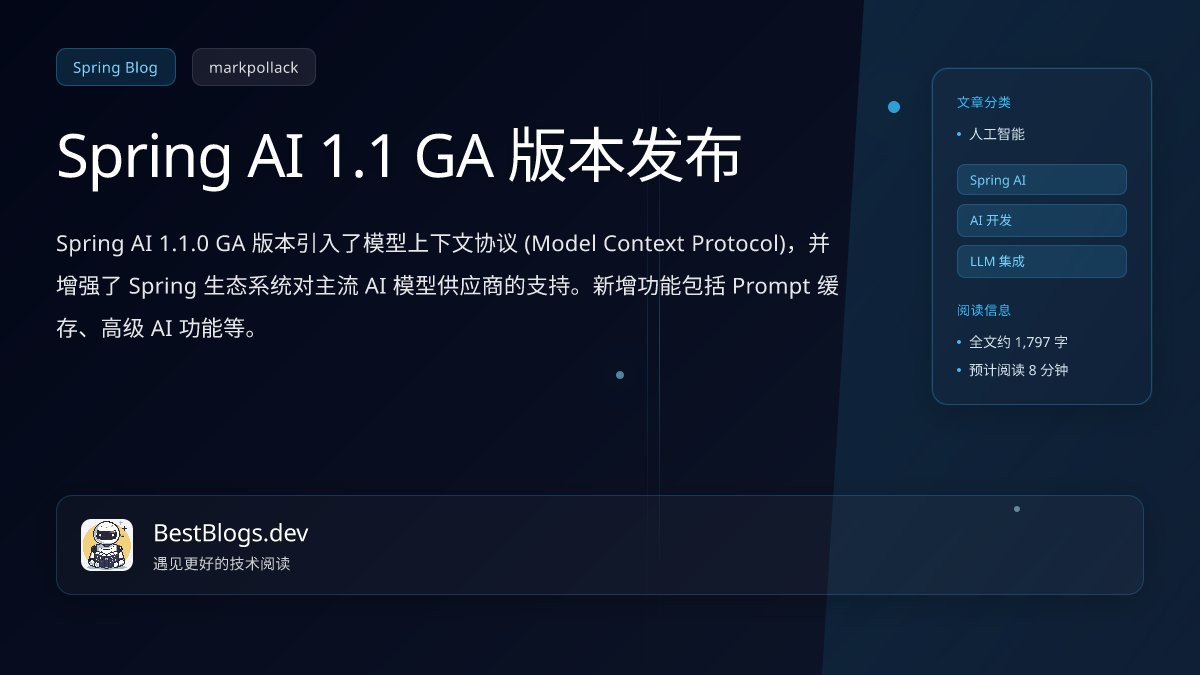hongming731's tweet card. Spring AI 1.1.0 GA 版本引入了模型上下文协议 (Model Context Protocol)，并增强了 Spring 生态系统对主流 AI 模型供应商的支持。新增功能包括 Prompt 缓存、高级 AI 功能等。