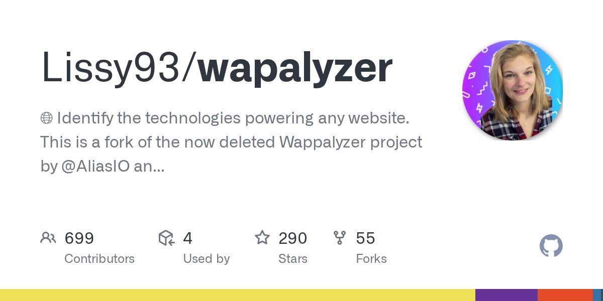 clintgibler's tweet card. 🌐 Identify the technologies powering any website. This is a fork of the now deleted Wappalyzer project by @AliasIO and community. - Lissy93/wapalyzer